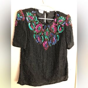 Vintage DENISE ELLE Cocktail Evening Sequins Colorful Top SILK Blouse  Size L